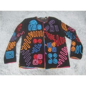 Allure Jacket Womens Medium Black Multicolor Embroidered Boho Toggle Geometric